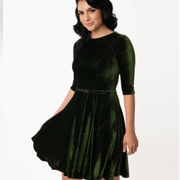 Unique Vintage Dresses & Skirts - Unique Vintage Emerald Green Velvet Fit-and-Flare Dress